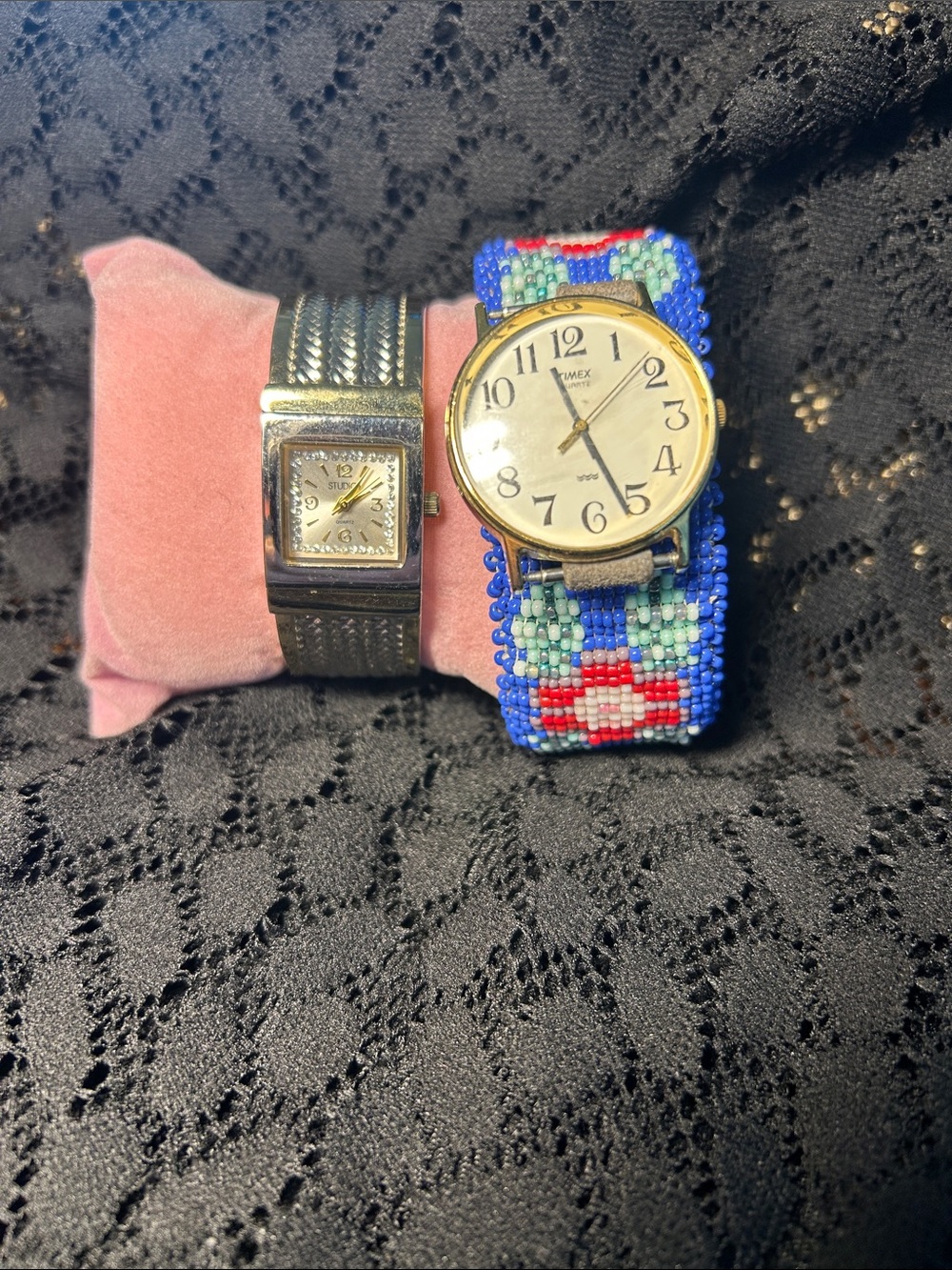 Timex Women's Gold-Tone cuff Watch with Blue Beaded Strap and Studio watch